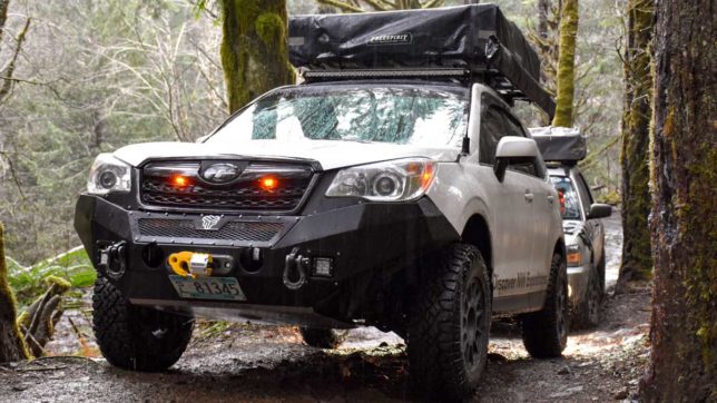 Eric Green's Forester on a dirt trail