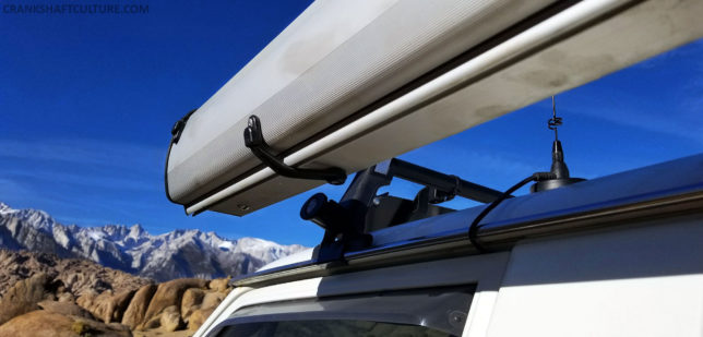 The ARB awning is held on via Bomber Product's Awn-Locks and our Yakima round bar rack system.