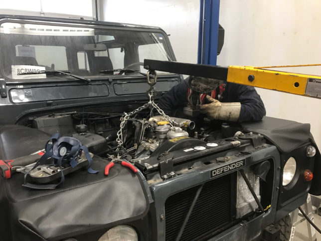 Welding new engine mounts on Chris' Land Rover Defender 90.