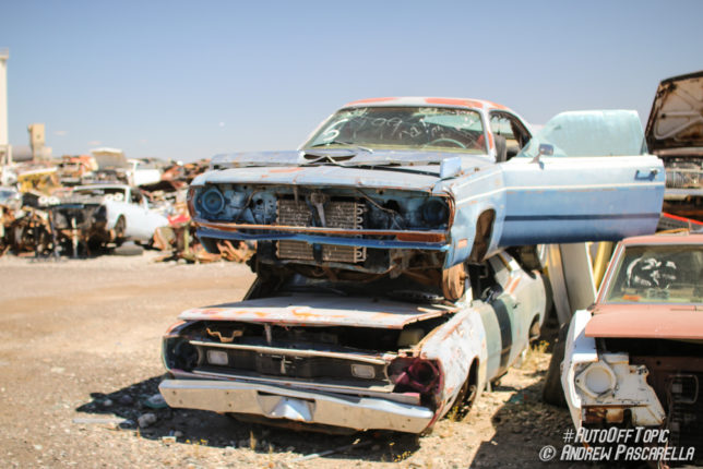 Stacked cars in Arizona junkyard