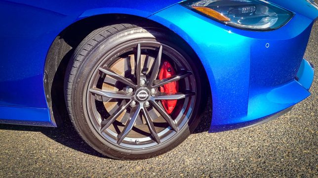 2023 Nissan Z wheel, tire, and brake caliper.