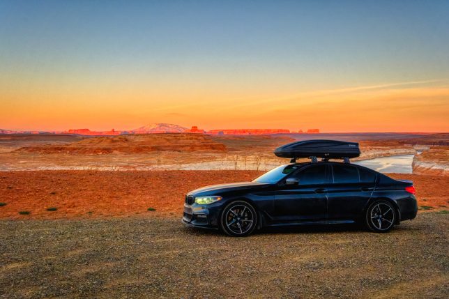BMW 540d with roof box in Utah