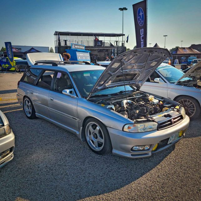 Silver Subaru Legacy wagon lowered at Boxerfest 2023.