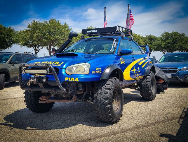 Super-lifted WRX on Super Swampers by @fieldsdallas at Subiefest Texas 2023.