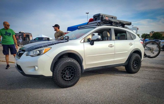Lifted white Crosstrek at Subiefest Texas 2023.