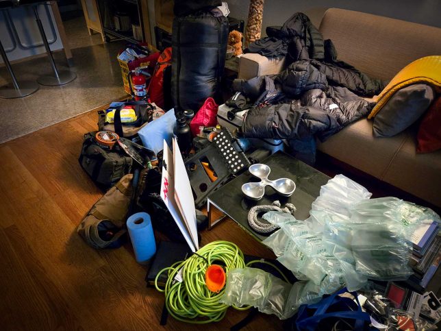 A host of gear for the Alcan 5000 rally on our living room floor. 