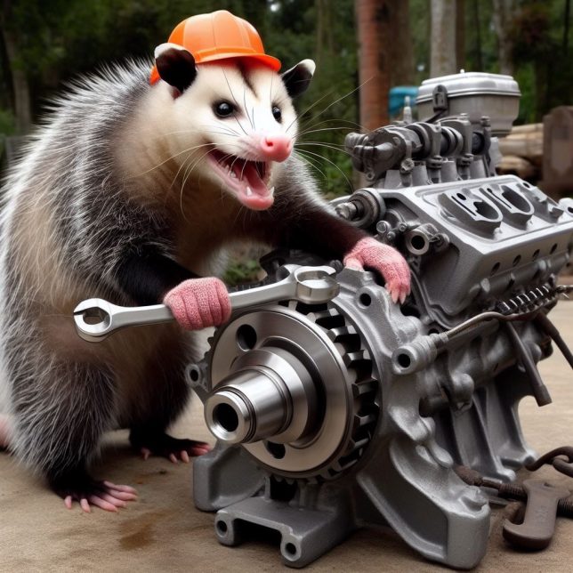 An angry opossum installing a crankshaft into an engine - crankshaft culture.