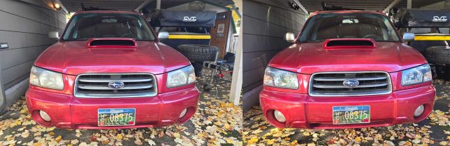 Before and after polishing headlights.