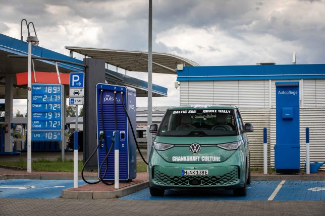 Mint green Volkswagen ID. Buzz EV charging