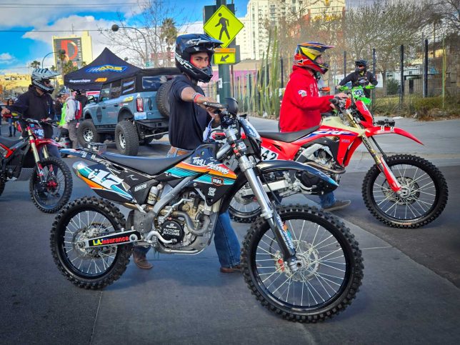 Mint 400 motorcycle racers in tech.