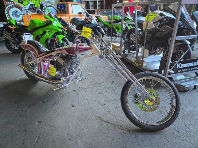 Kawasaki two-stroke tripple-powered chopper from The One Moto Show in Portland, OR.