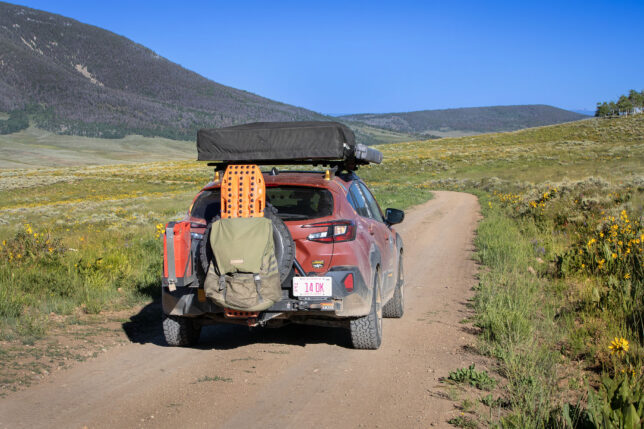 Subaru Crosstrek Wilderness on a dirt road with flowers on the side - Crankshaft Culture