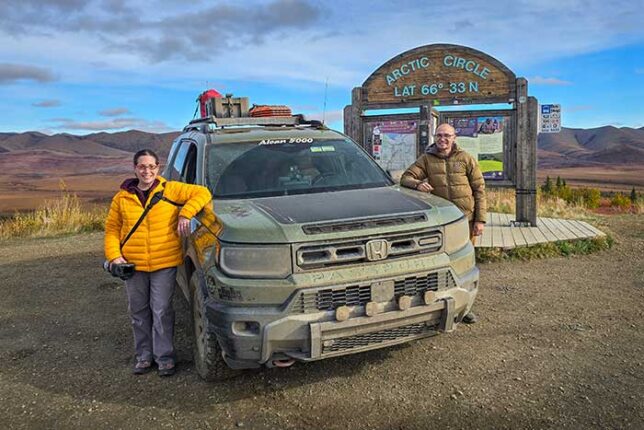 Mercedes and Andy Lilienthal with a 2026 Honda Passport TrailSport at the Arctic Circle in the Yukon Territory on the 2025 Alcan 5000 Rally. Photo by Shane Bowman