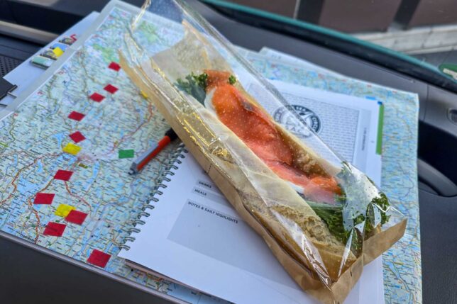 Salmon sandwich laying on top of book and paper map.