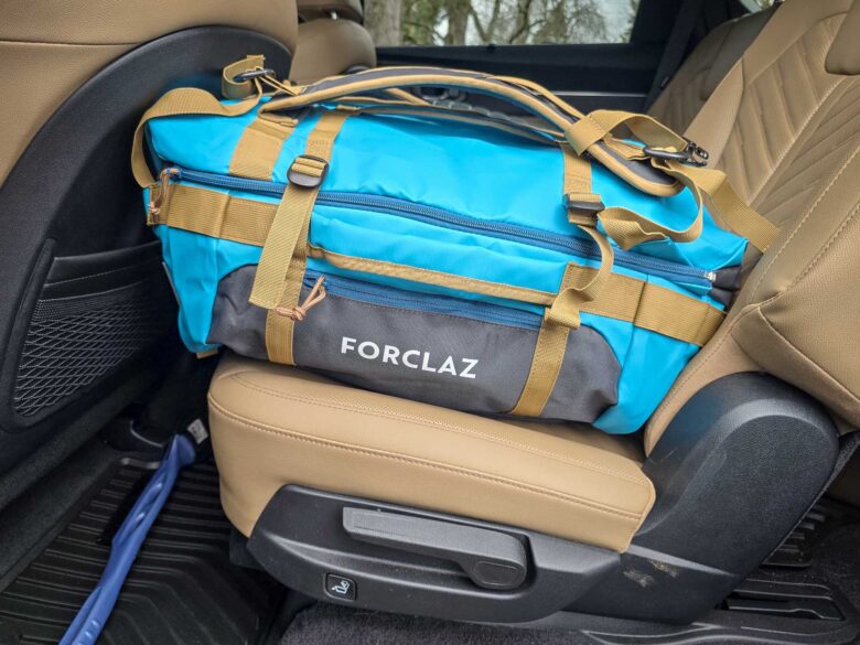 Decathlon Simond Extend 40-60L Duffel Bag on car seat