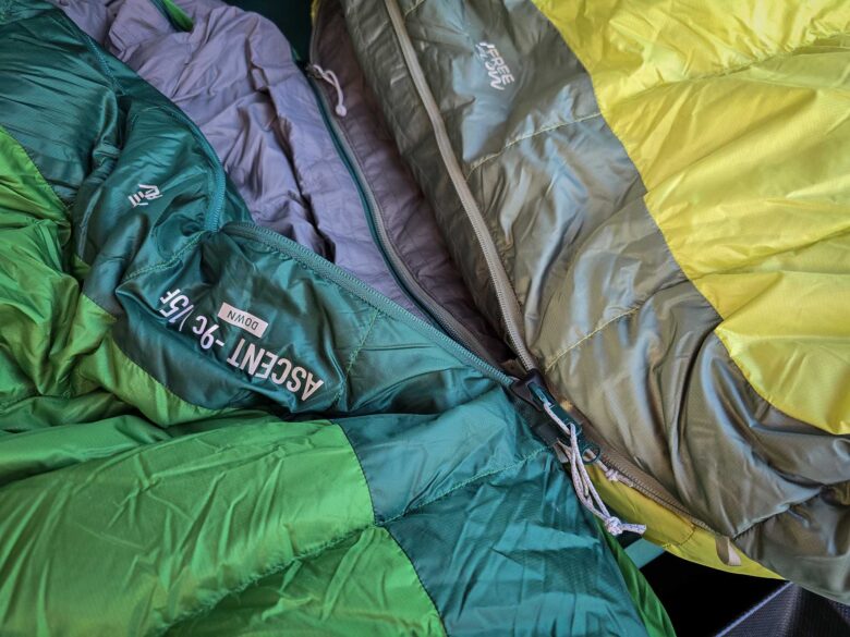 Sea to Summit Ascent Down Sleeping Bags being zipped together
