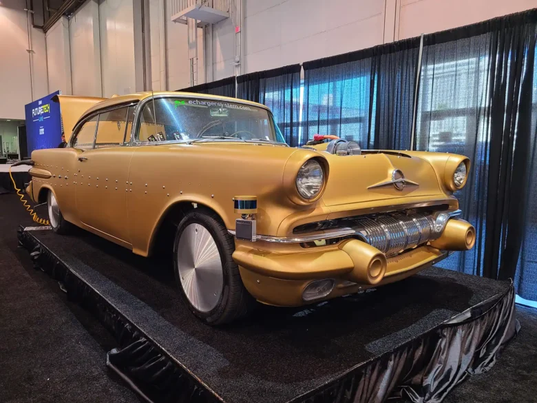 Gold EV hotrod from the SEMA Show. 1957 Pontiac Chieftain electric hybrid