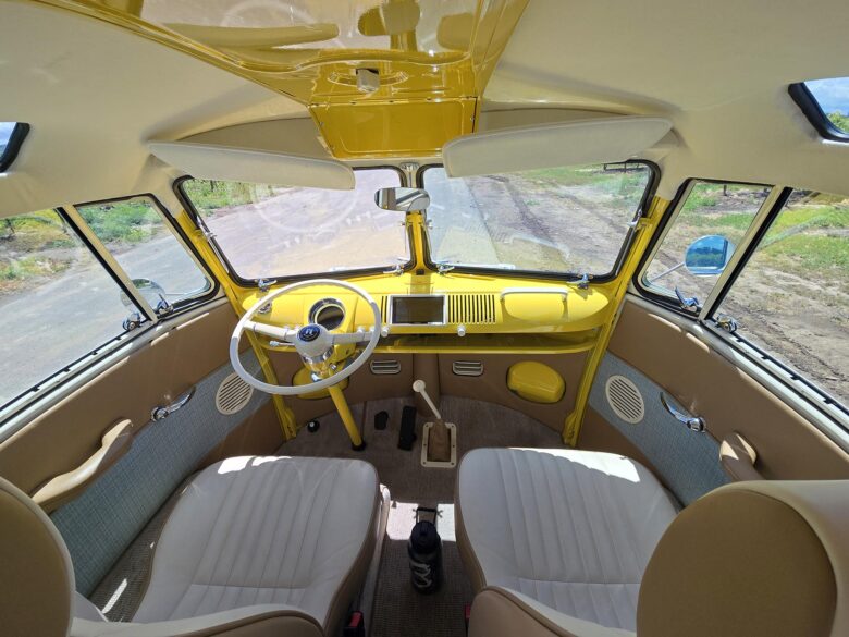 Kindred EV Bus front seats and dashboard