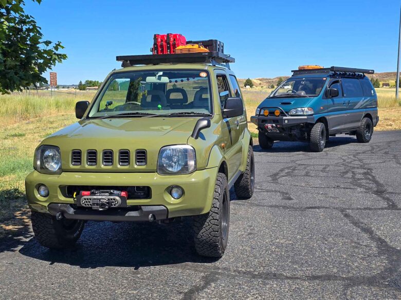 1998 Suzuki Jimny Wide and our 1994 Mitsubishi Delica Space Gear in Goldendale, Washington.